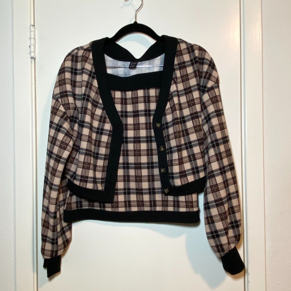 plaid cardigan and mini skirt set